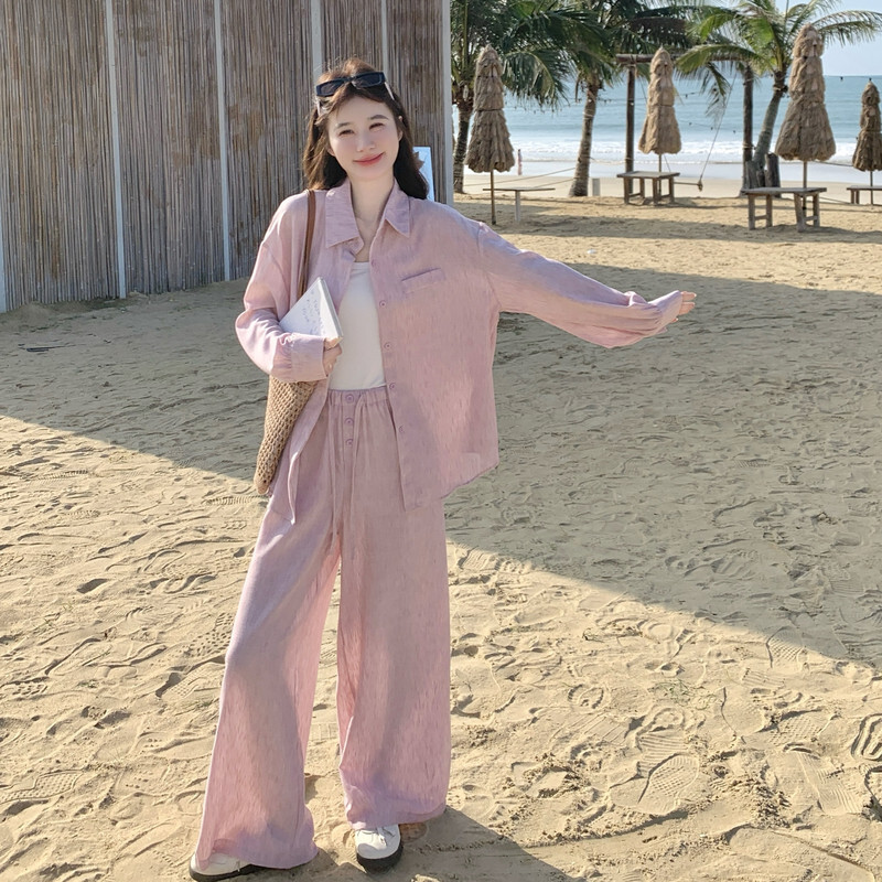 夏季优质长裤精品长袖甩卖新款甜美风衬衫休闲减龄阔腿裤两件套