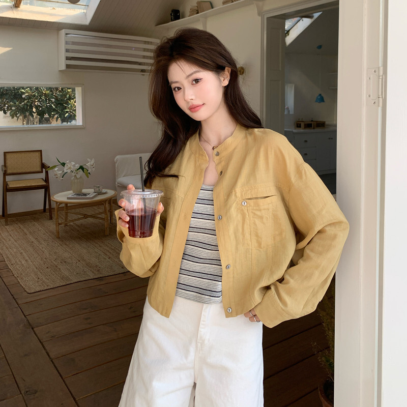 姜复古新款上市休闲风百搭黄色天丝麻春夏简约风秋款外套女短上衣