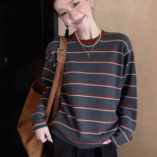 撞色条纹细羊毛针织衫女欧洲站2026早春新款欧女装慵懒风小衫潮