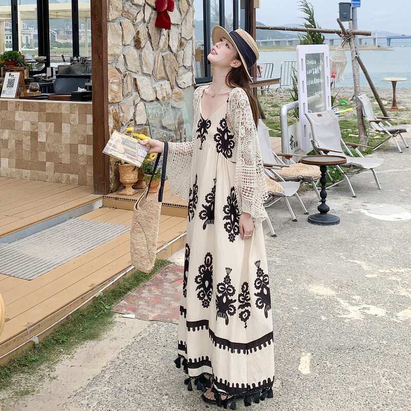 两件套优质秋季连衣裙女夏季新款法式甜美度假风印花宽松背心裙子