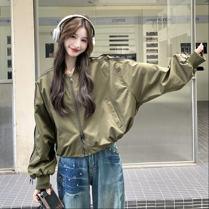 欧货百搭拉链棒球服短外套女秋季新款宽松显瘦气质个性夹克上衣