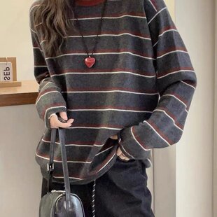 撞色条纹细羊毛针织衫女欧洲站2026早春新款欧女装慵懒风小衫潮