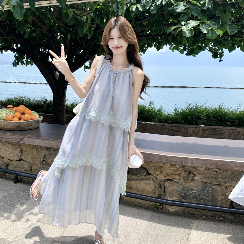 夏季宽松优质松弛风复古精品新款吊带裙蕾丝无袖削肩大摆连衣裙