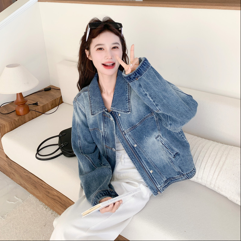 新款美洋优质常规显瘦精品女士新品甩卖出拉链风宽松水洗牛仔外套