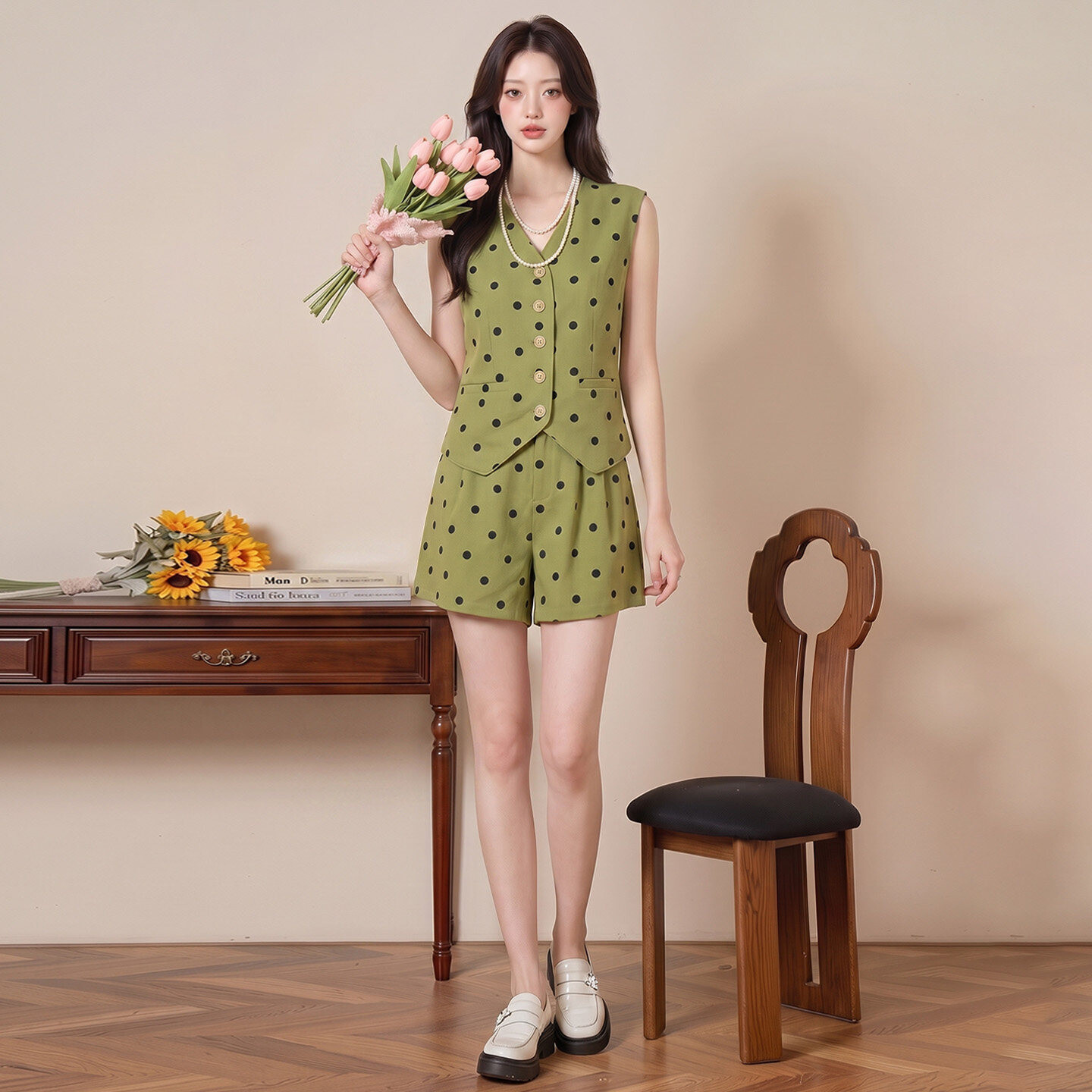 个性时尚潮流套装女夏款领撞色拼接无袖马甲上衣阔腿短裤两件套