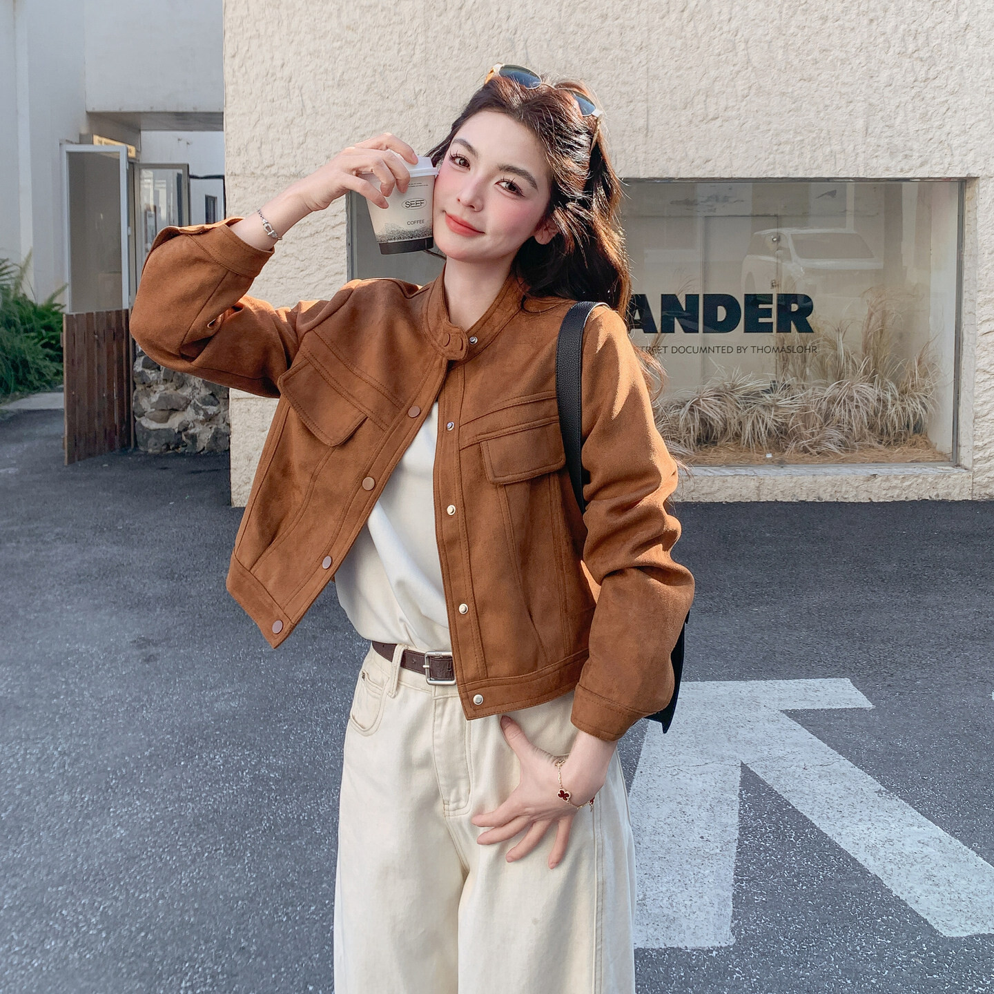 美百搭新款拉德麂皮外套女小个子短款韩版修身秋款时尚感夹克上衣