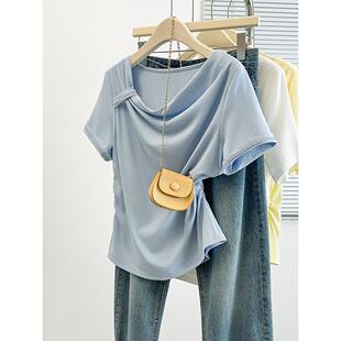 女设计感扭结纯色弧形收腰短袖 胖mm大码 T恤 新款 2026夏装