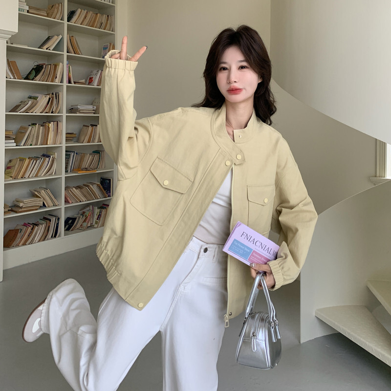 美洋复古新款上市宽松型百搭优质常规翻领精品黄色外套夹克女上衣