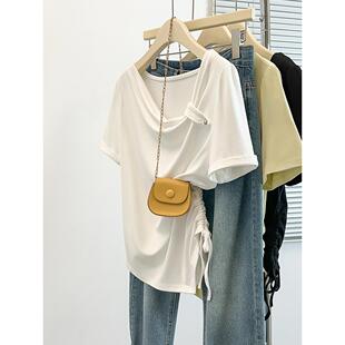 女设计感荡领不规则抽绳短袖 胖mm大码 T恤 新款 2026夏装