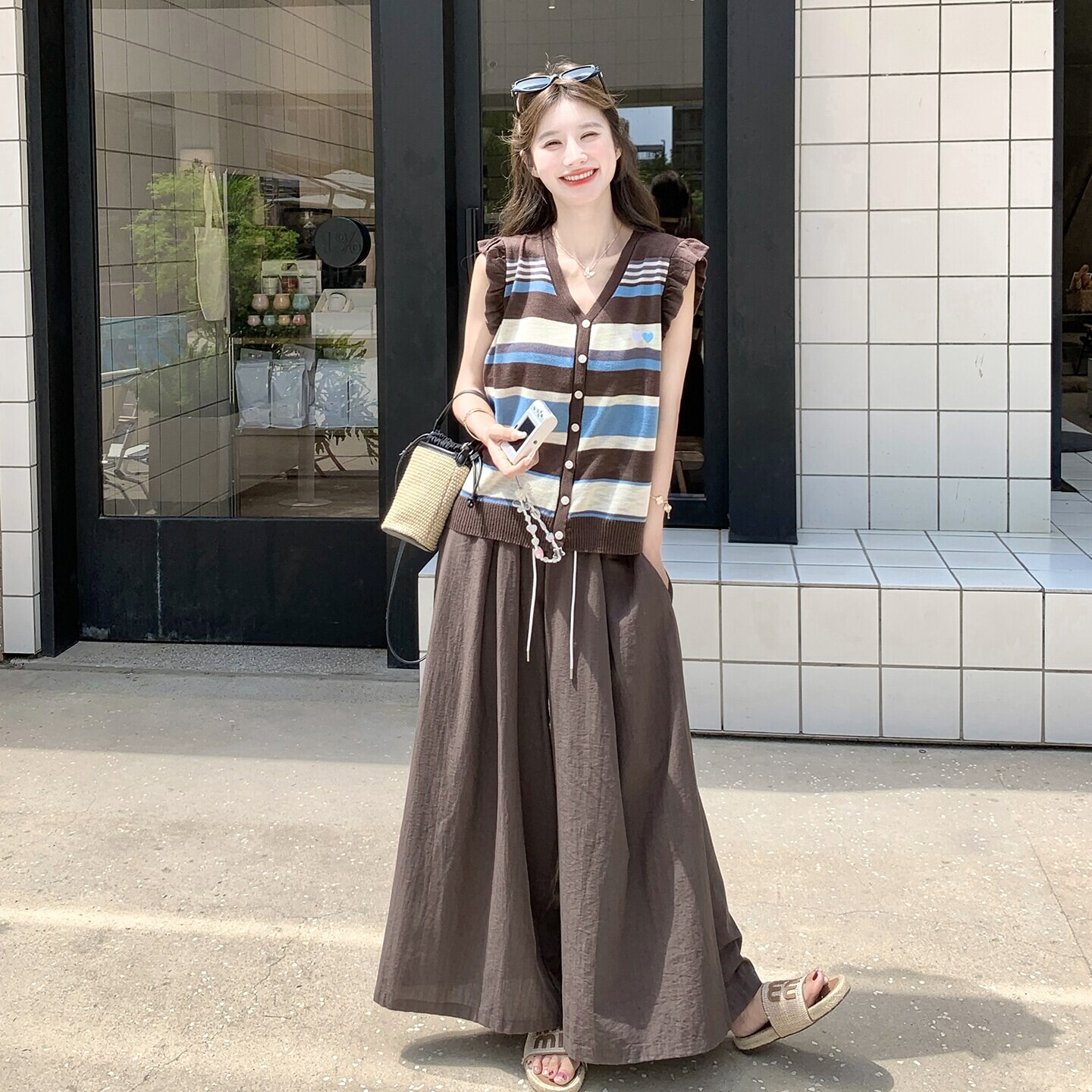 韩系条纹木耳边针织马甲套装女夏季领无袖背心高腰阔腿裤两件套