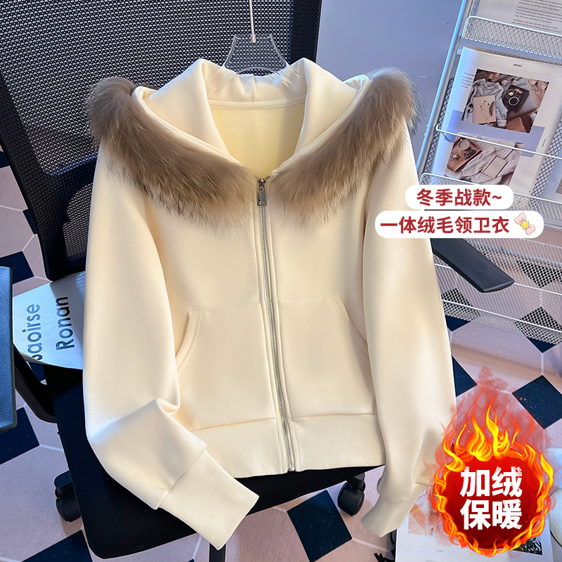 复古加绒加厚毛领连帽卫衣女外套女宽松百搭辣妹保暖上衣