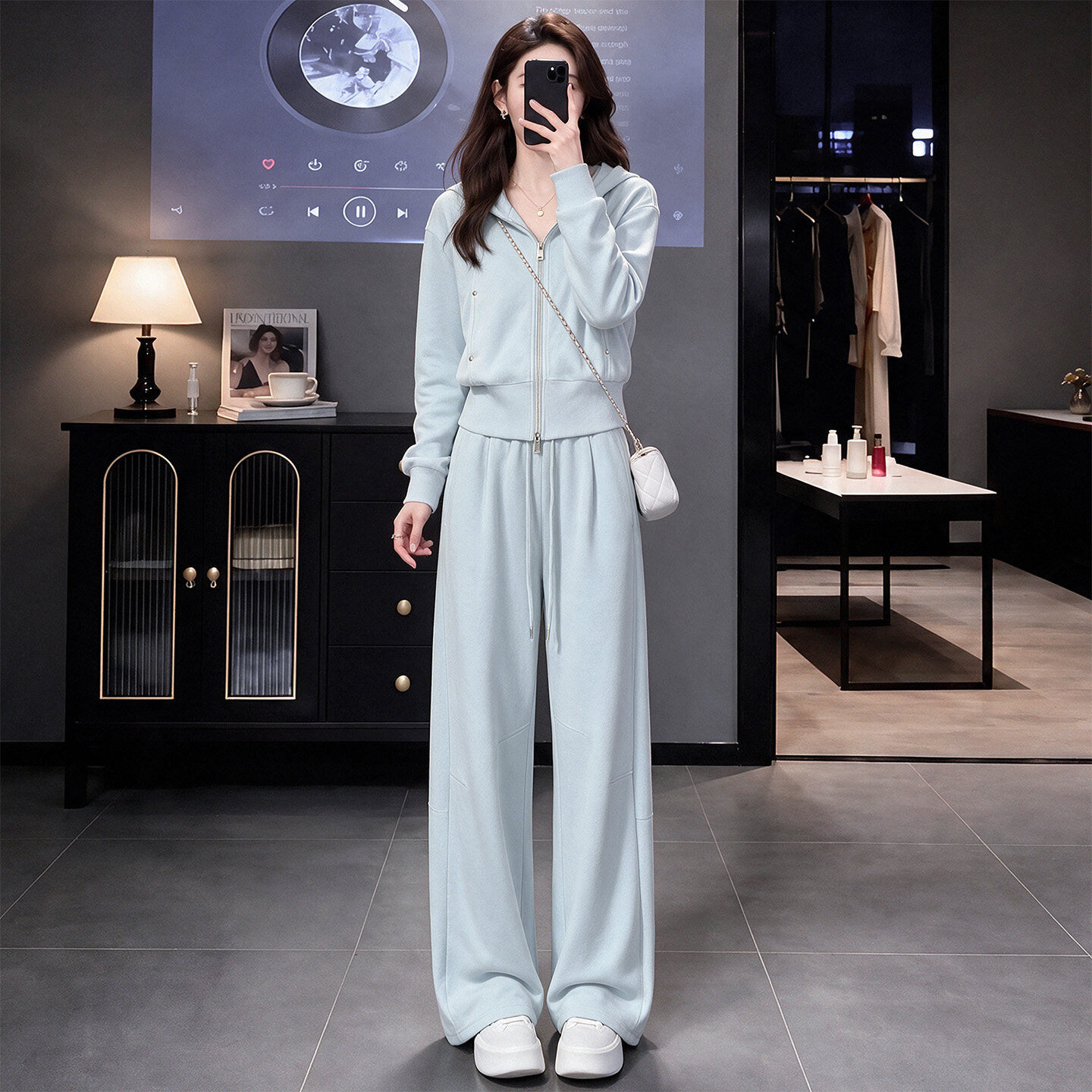 优质时尚休闲运动服套装女春秋新款连帽长袖卫衣阔腿长裤两件套