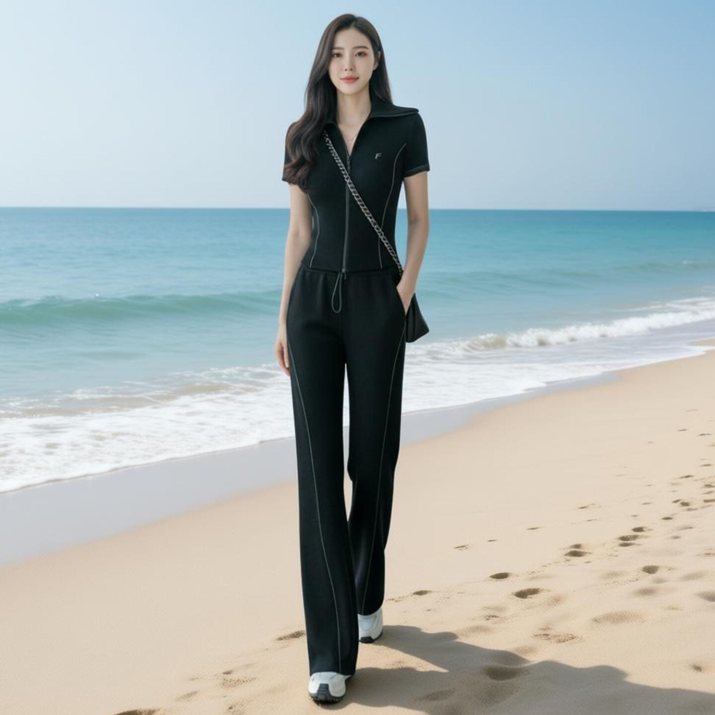网红休闲运动套装女夏季新款撞色拼接翻领短袖卫衣阔腿长裤两件套