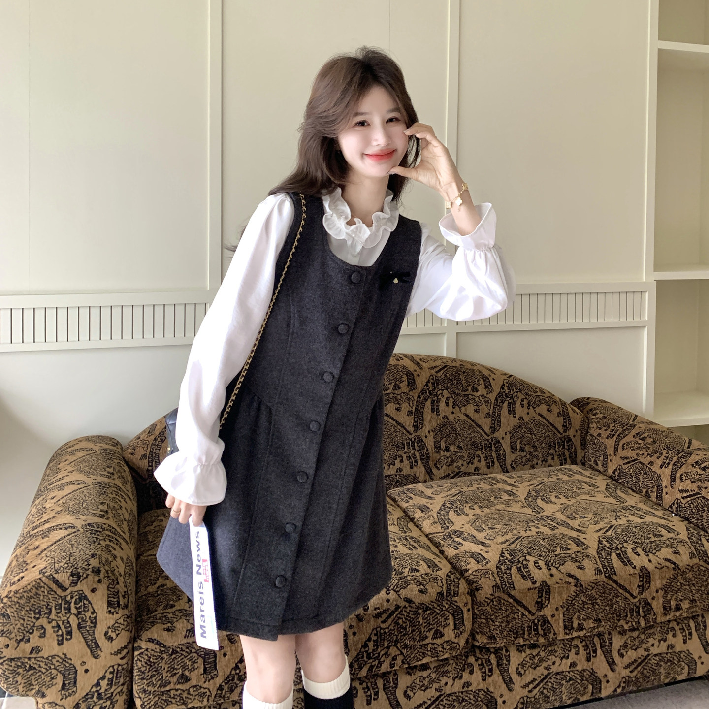 小新款香风灰色扣子背心裙套装女春季韩系学院风花边衬衫两件套