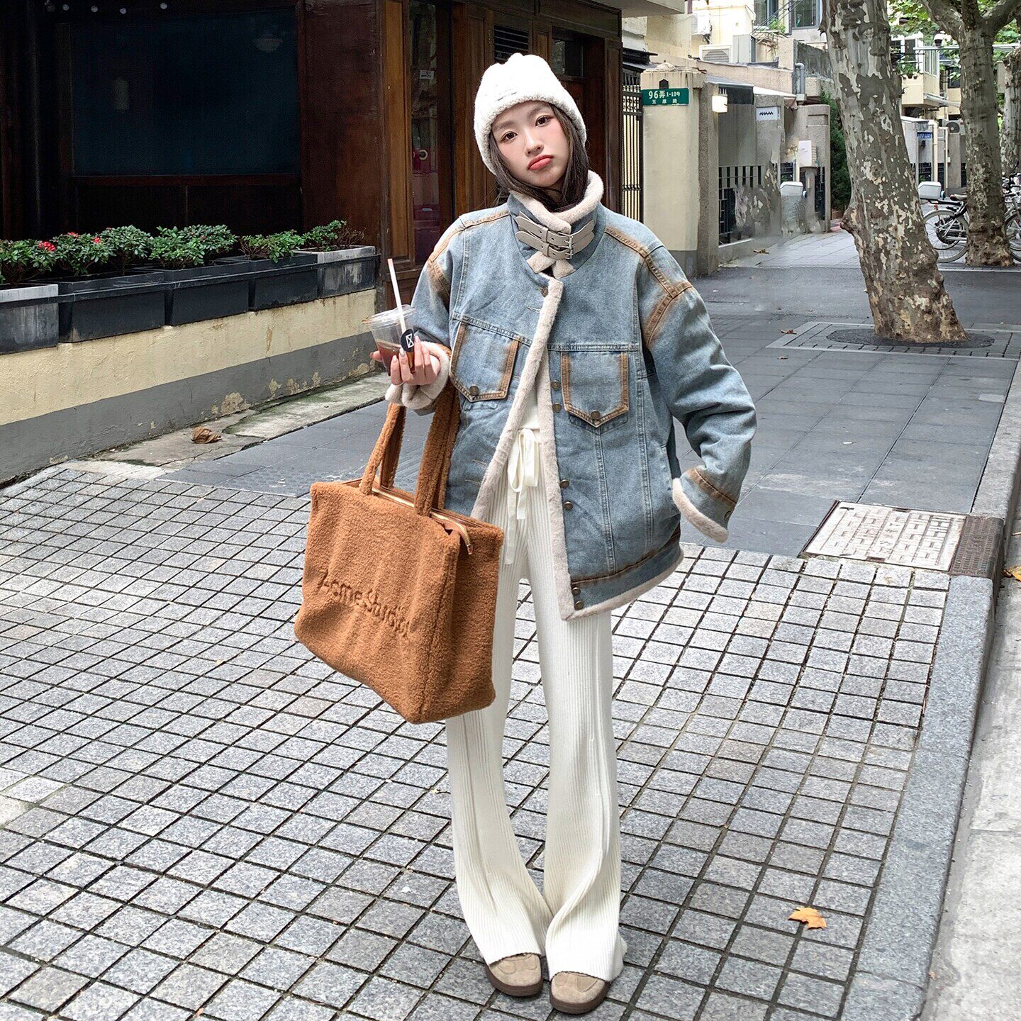 韩系美洋机车风牛仔棉服女新款加厚羊羔毛内里宽松内胆保暖短外套
