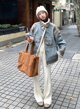 韩系美洋机车风牛仔棉服女新款加厚羊羔毛内里宽松内胆保暖短外套