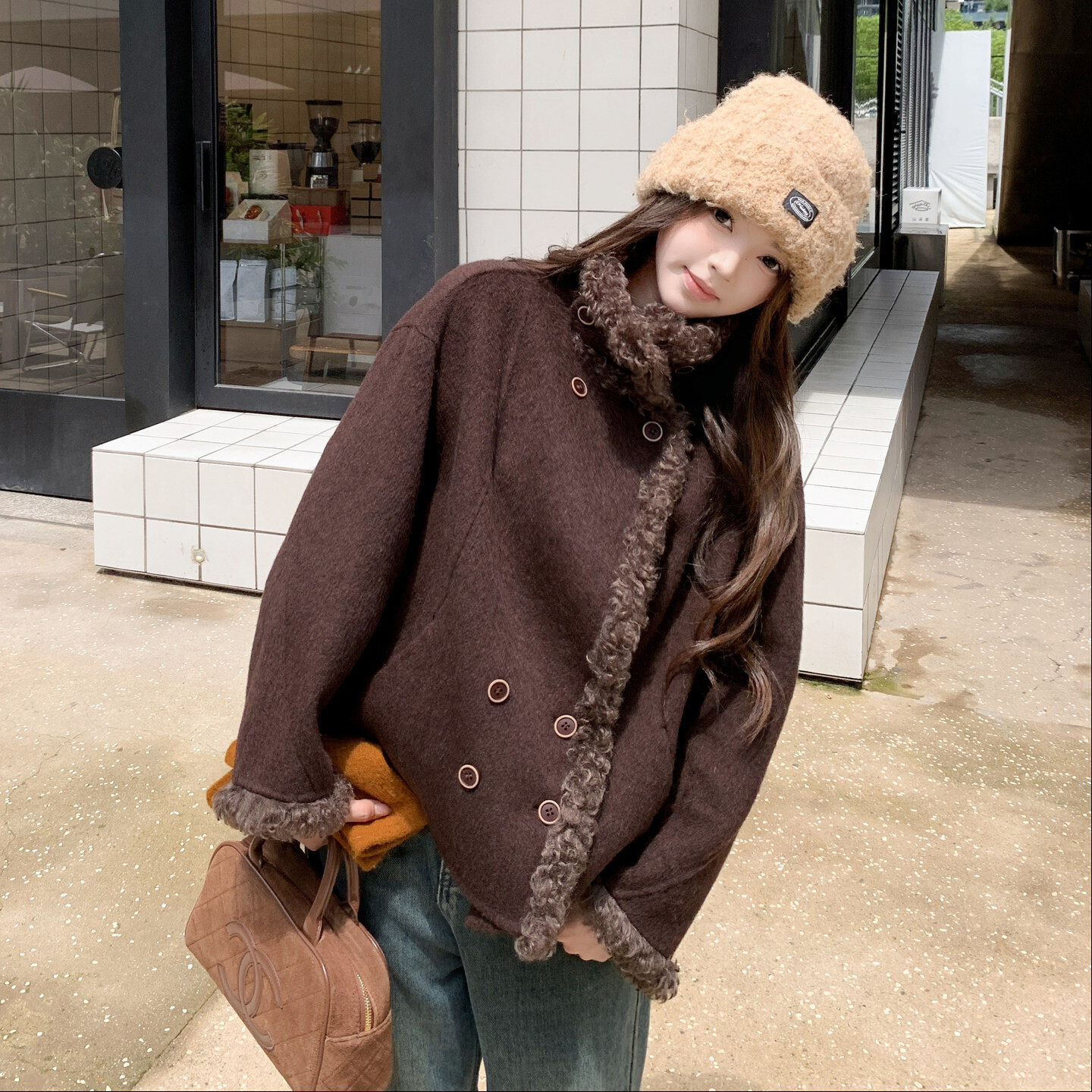 复古风中长款独特新款上市羊羔毛双排扣毛呢外套女双面呢呢大衣
