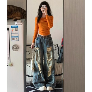 女辣妹潮流百搭宽松显瘦阔腿拖地长裤 破洞做旧牛仔裤 2026新款 夏季