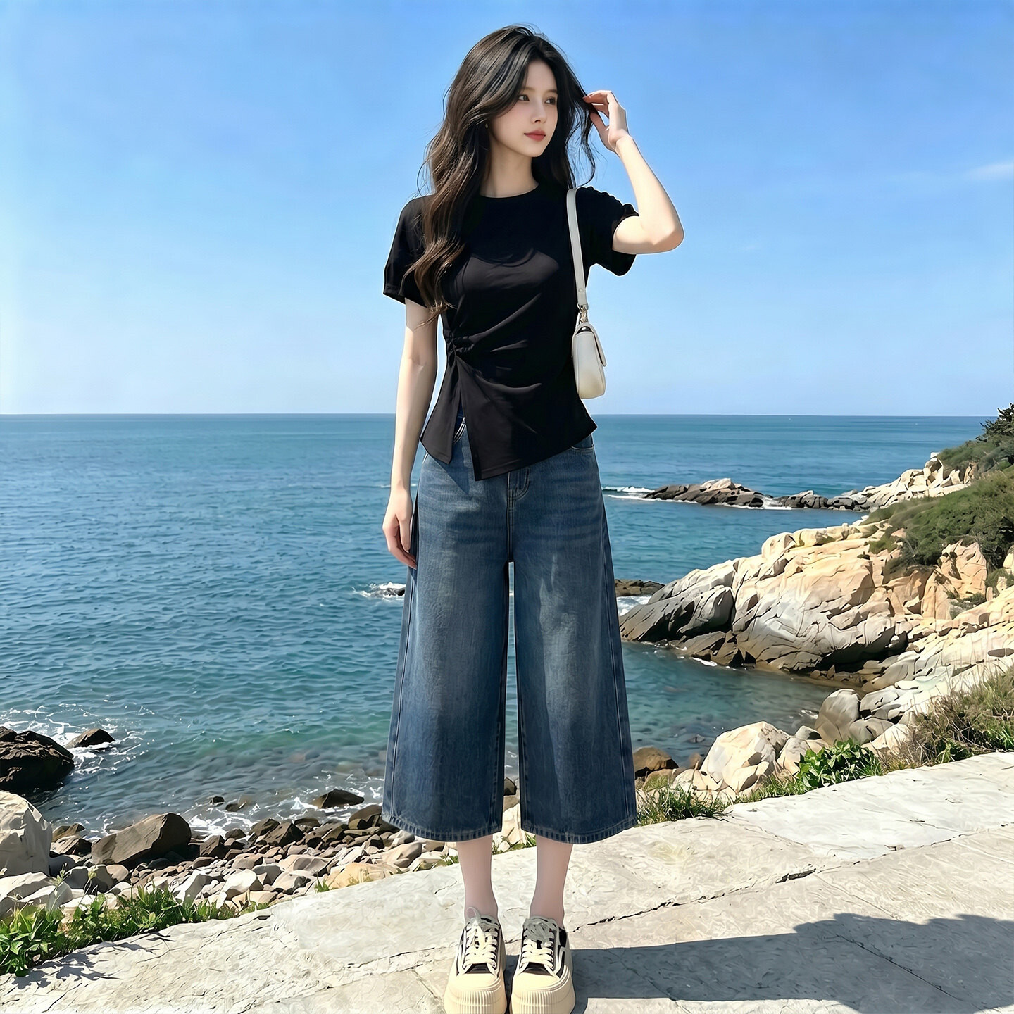 时尚简约套装女夏季新款收腰显瘦圆领开叉短袖阔腿牛仔中裤两件套