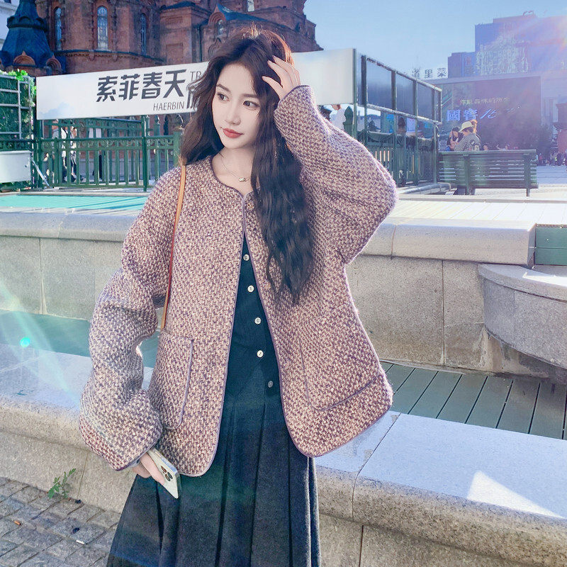 新款百搭优质宽松型小个子精品落肩袖工装出好好看撞色小香风外套