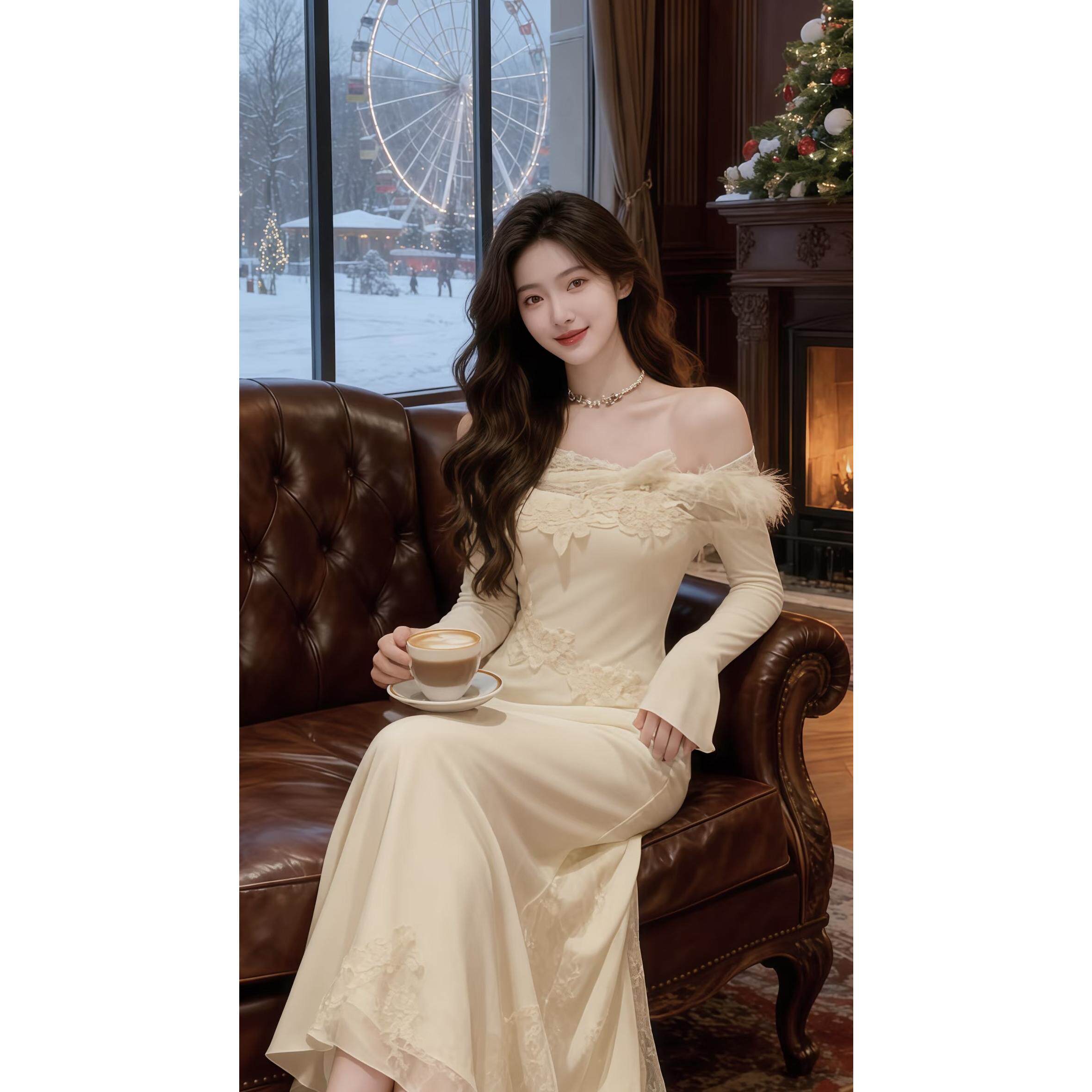 纯欲风一字领长袖连衣裙女秋季2025新款拼接蕾丝针织鱼尾中长裙子