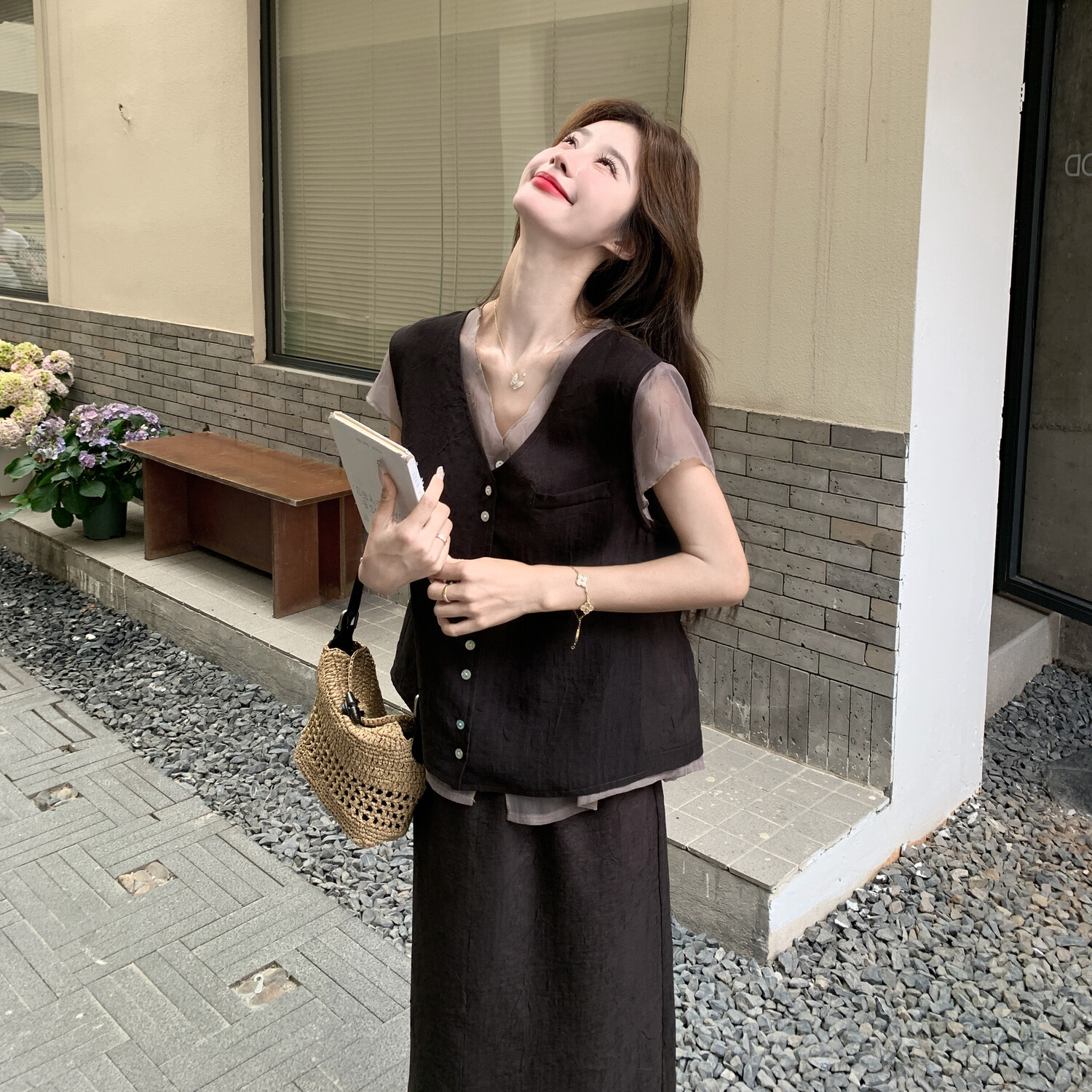 新款上市2026年夏季优质冬季爆款咖色老钱风套装时尚两件套裙子