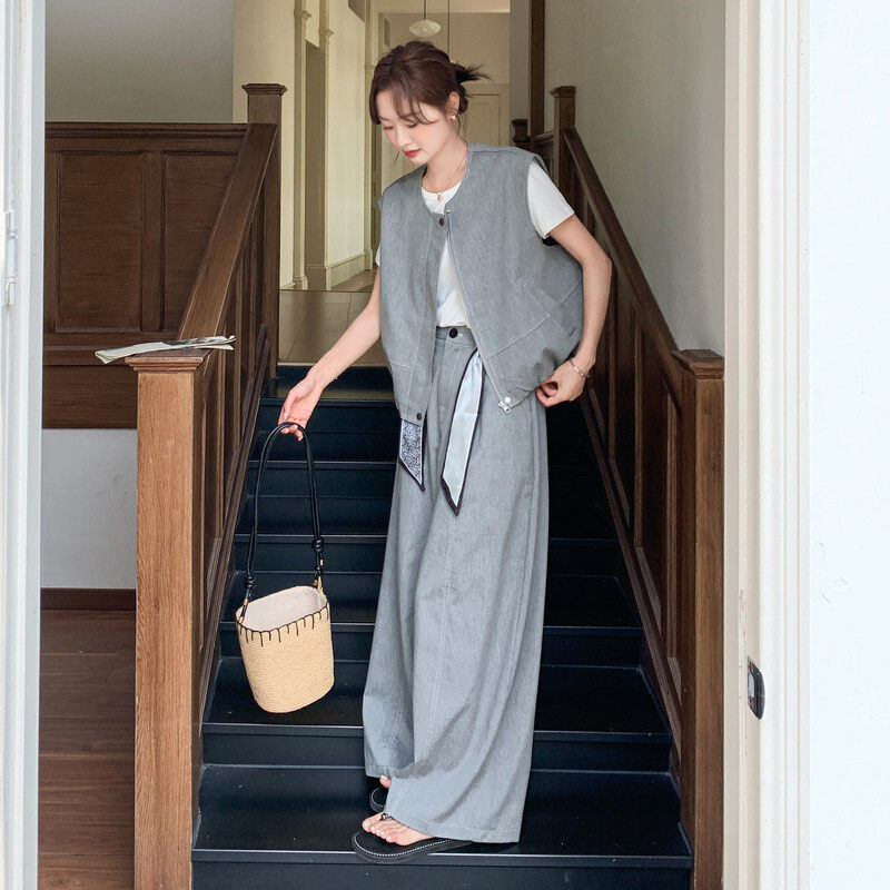 老钱风马甲T恤阔腿裤三件套女夏又酷又飒休闲气质高级感叠穿套装