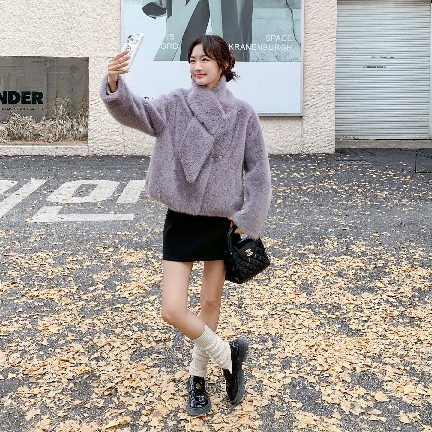 新款上市宽松型水貂毛麂皮短款兔毛围脖领皮毛一体外套女