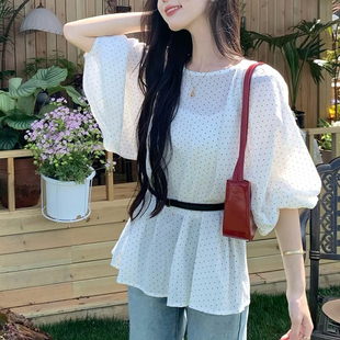 欧货超火高级感独特超好看上衣减龄洋气白色泡泡袖波点雪纺衬衫女