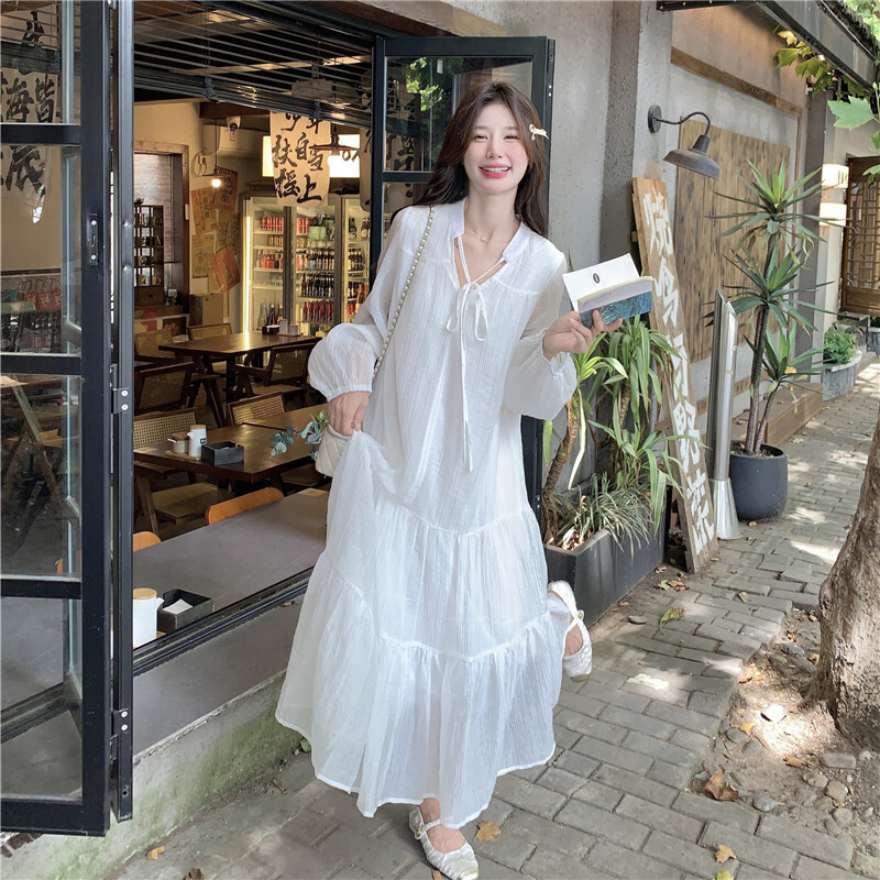 长袖宽松新款上市休闲复古优质纯色高级感精品天丝女夏白色连衣裙