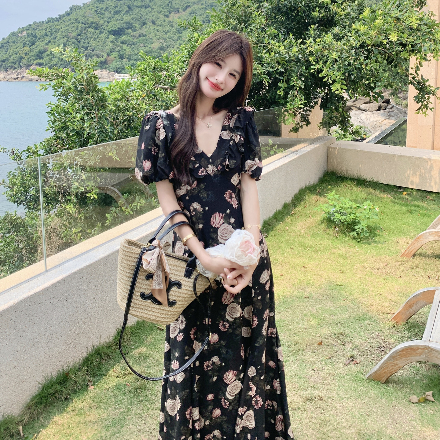高级感显瘦新款上市休闲度假优质仙女裙玫瑰碎花鱼尾连衣裙