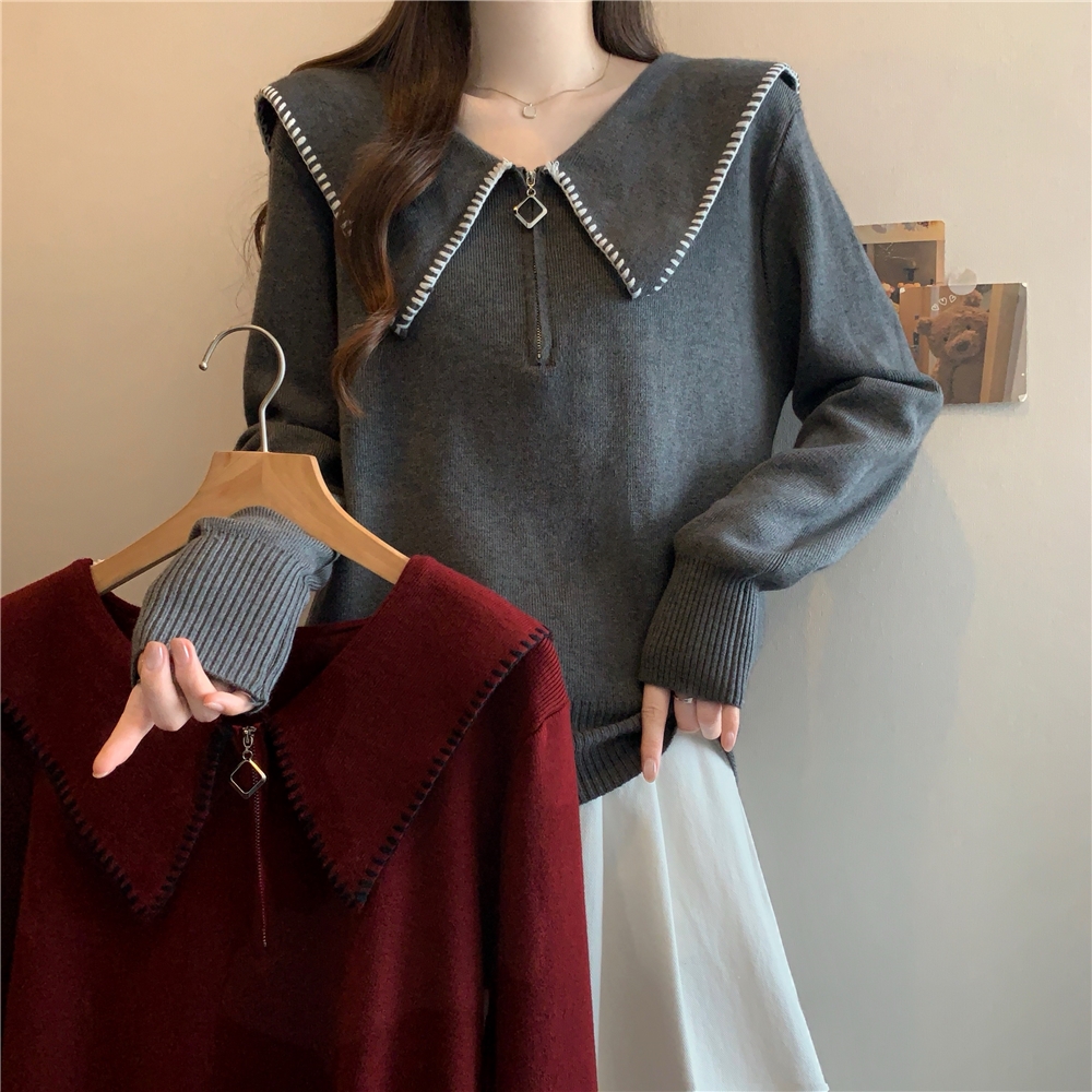 大码法式减龄娃娃领毛衣针织衫女秋冬胖MM遮肚子海军领上衣