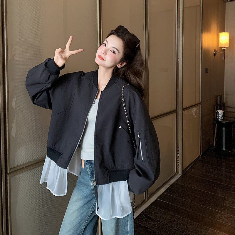 高端复古设计感下摆网纱拼接外套女春装新款韩版超五折棒球服夹克