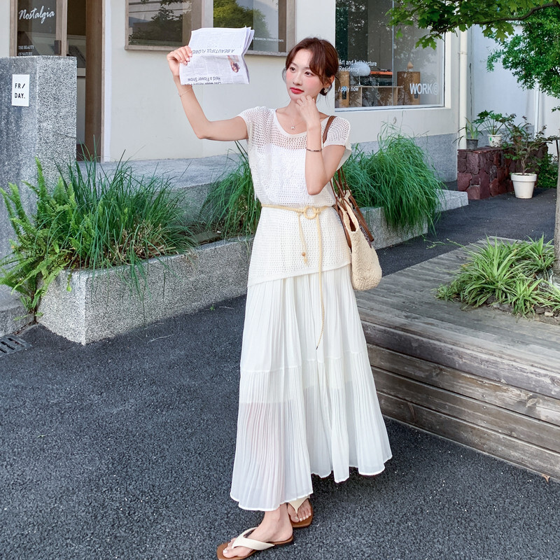 夏装优质2026年夏季精品甩卖新款温柔风白色针织上衣半身裙两件套