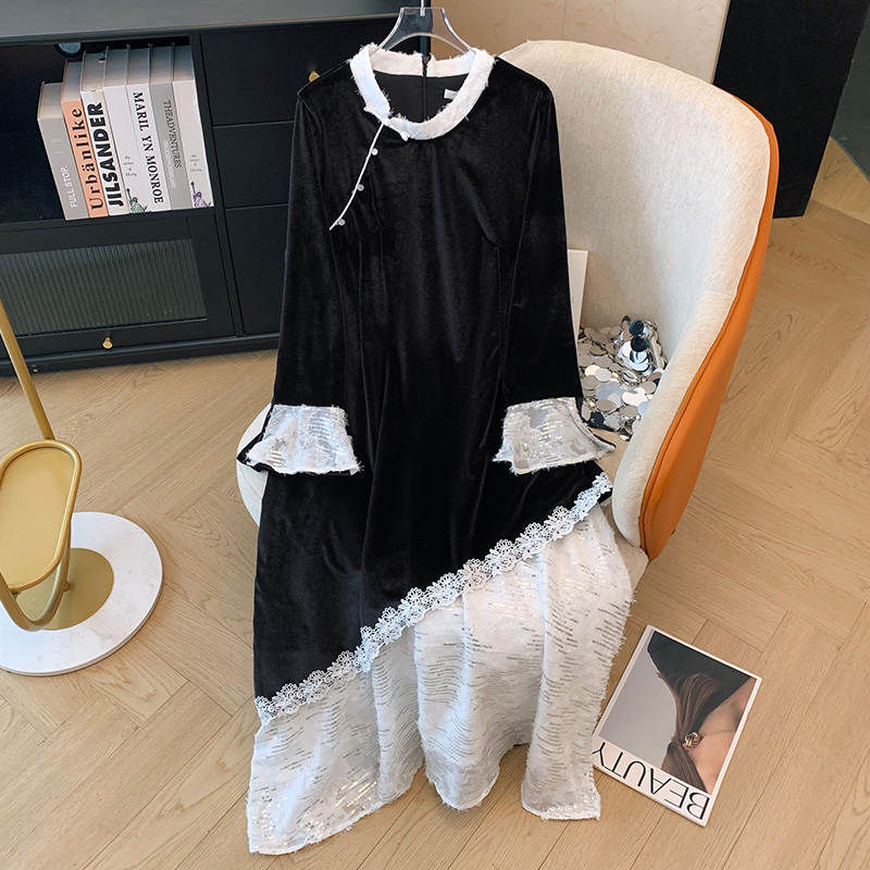 130350斤大码女装胖mm秋冬改良旗袍新款高级感假两件连衣裙