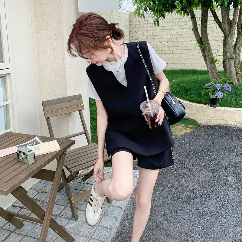 韩系黑色两件套装休闲运动套装短裤背心女套装女装短袖马甲