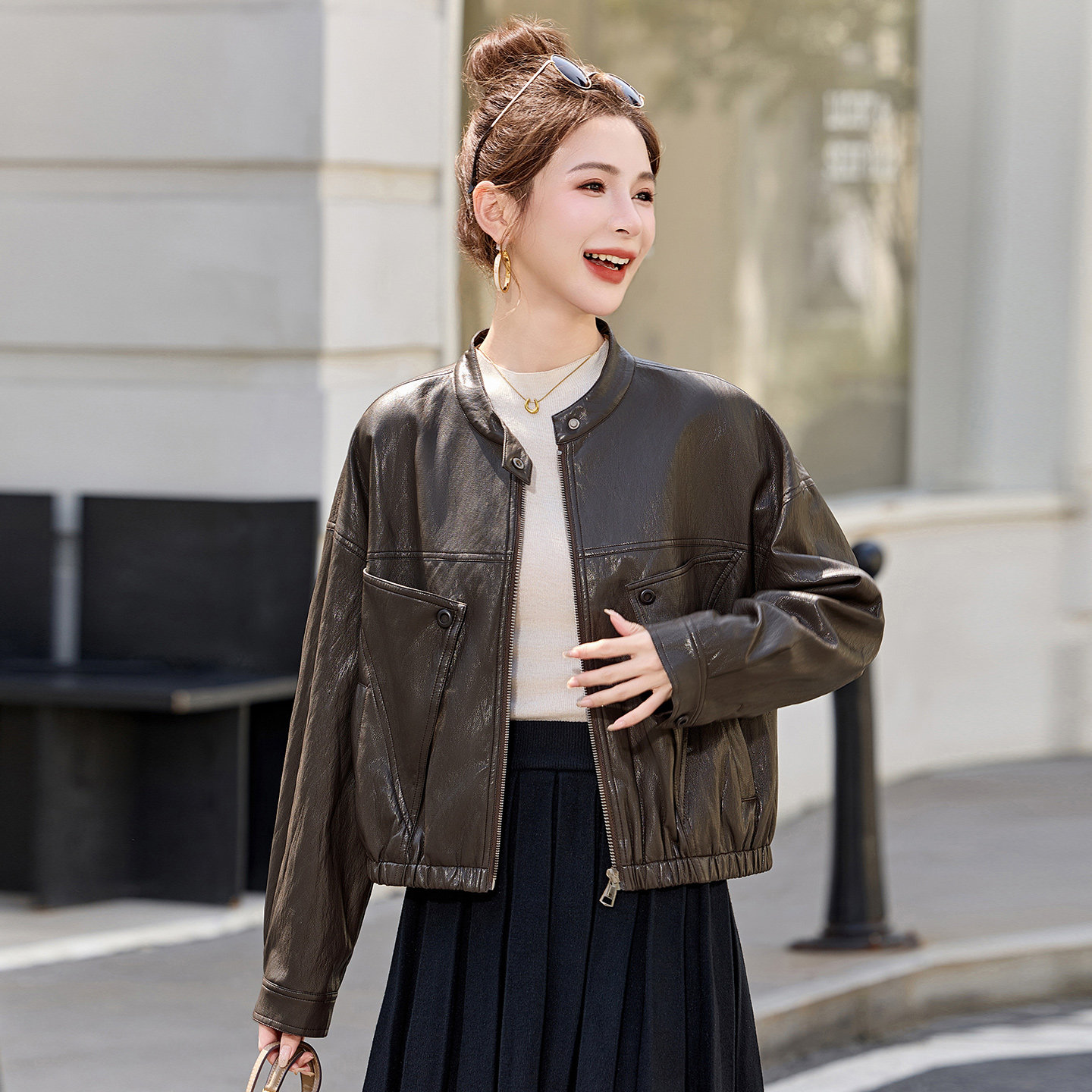 新款立领优质PU皮小个子皮衣女短款外套圆领美洋炸街机车皮夹克