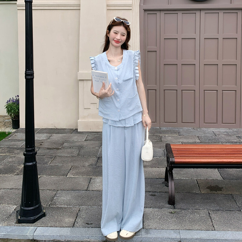 蓝色优质精品疯狂促销甩卖实拍清纯韩系甜美设计感新款两件套套装