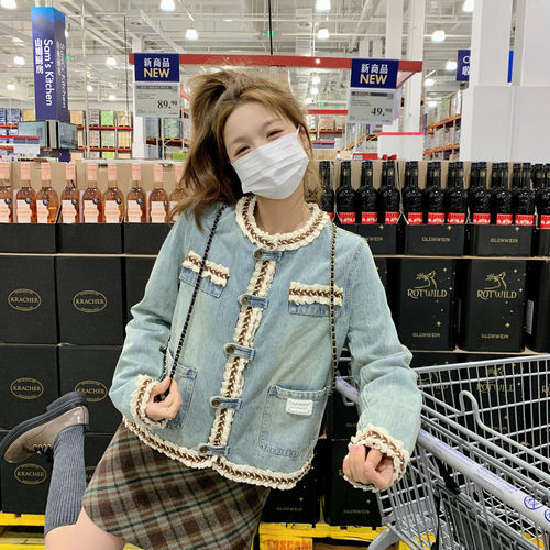 复古新款上市通勤优质荷叶边精品宽松型甩卖洗水粗斜纹牛仔外套女