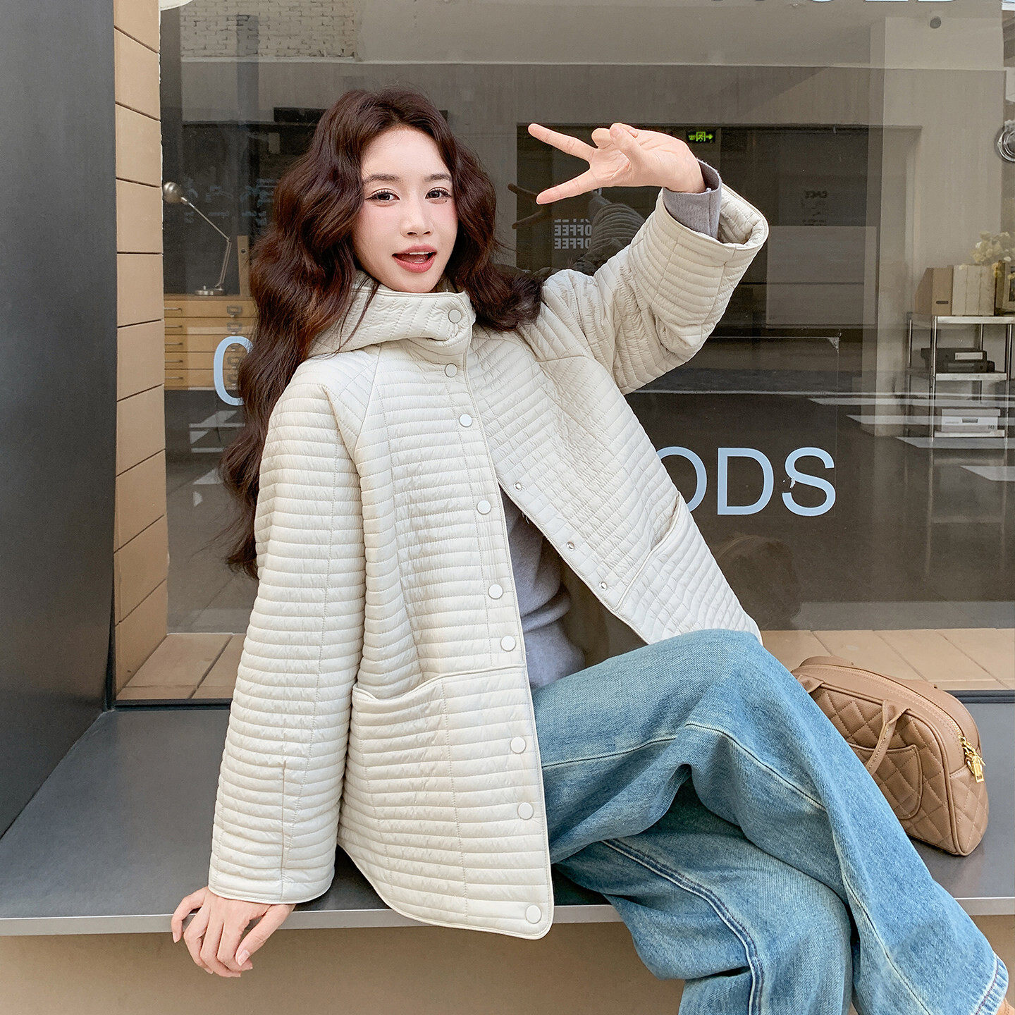 条纹显瘦新款上市休闲风美洋优质女士翻领精品韩版轻薄棉服外套