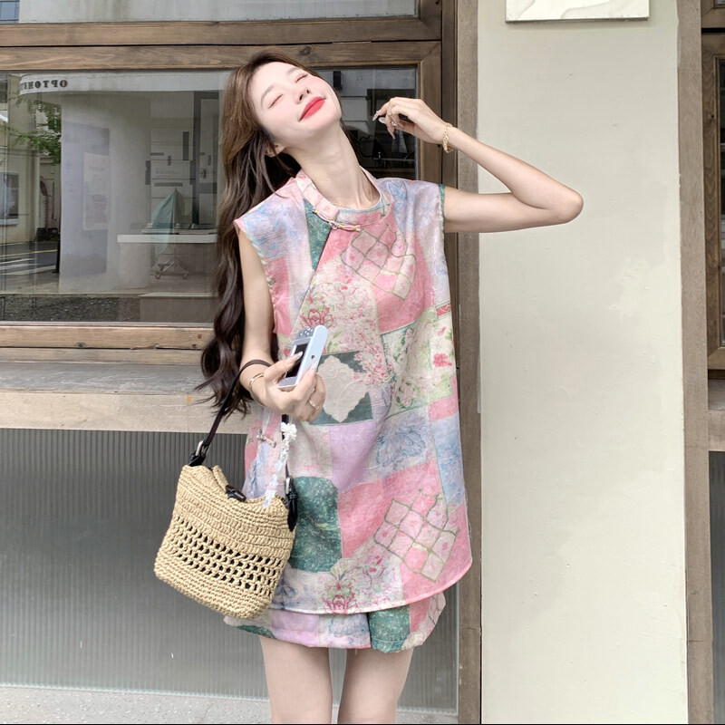 新款优质秋季精品首推夏季夏季无袖纽扣两件套女女装女士套装学生