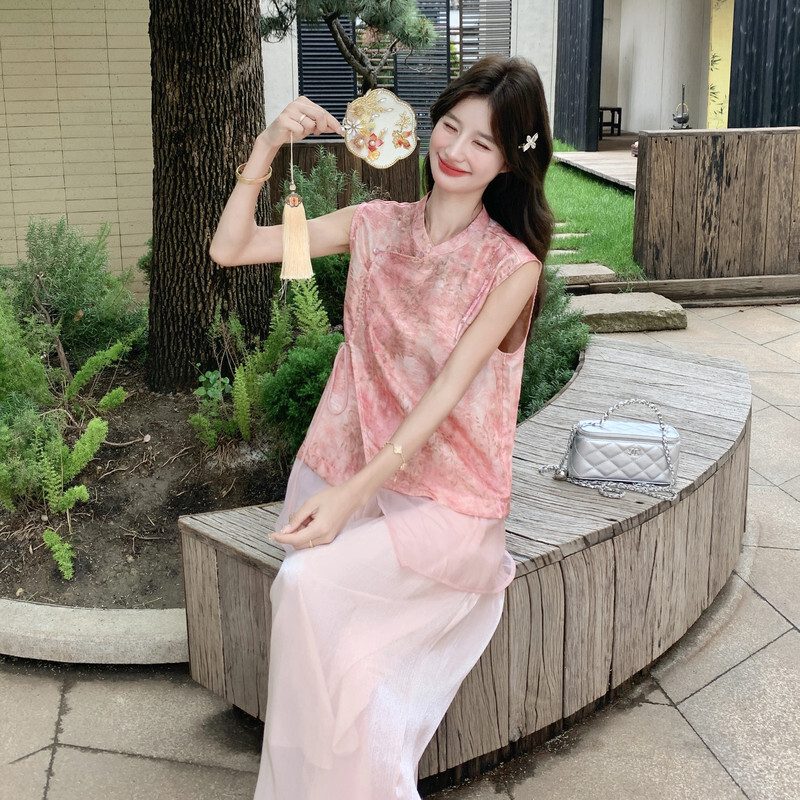 爆款优质立领无袖新款上市夏季新中式国风两件套粉色印花时尚套装