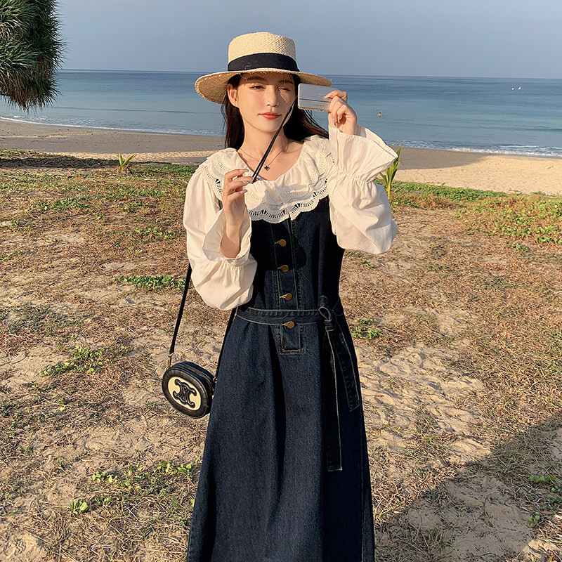 森系藏青牛仔背带长裙套装女蕾丝花边领灯笼袖衬衫收腰显瘦两件套