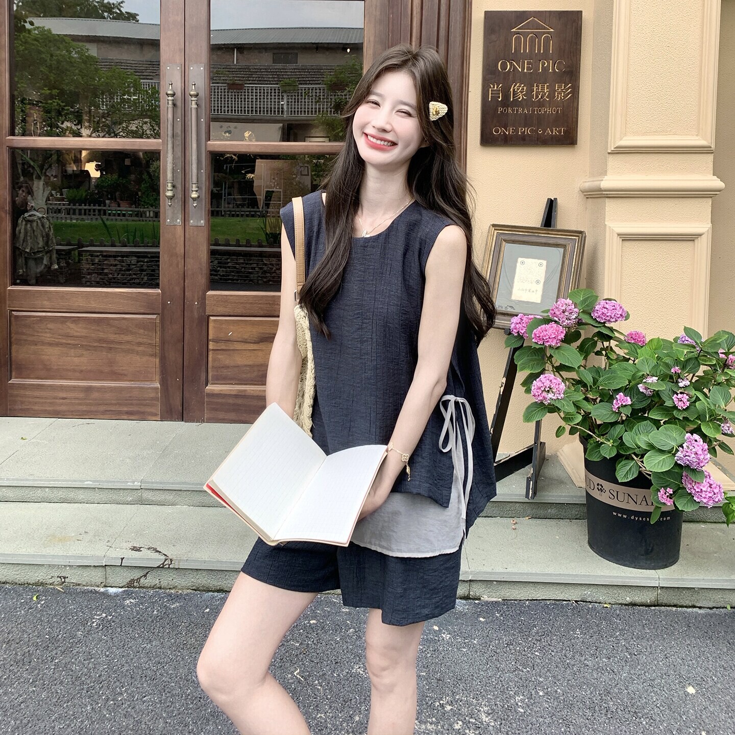 小个子韩系拼接假两件无袖马甲女夏季抽绳宽松阔腿短裤休闲套装