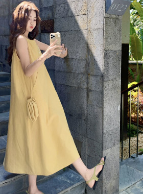 黄色超好看洋气百搭连衣裙女2025夏季新款韩系松弛感减龄无袖长裙