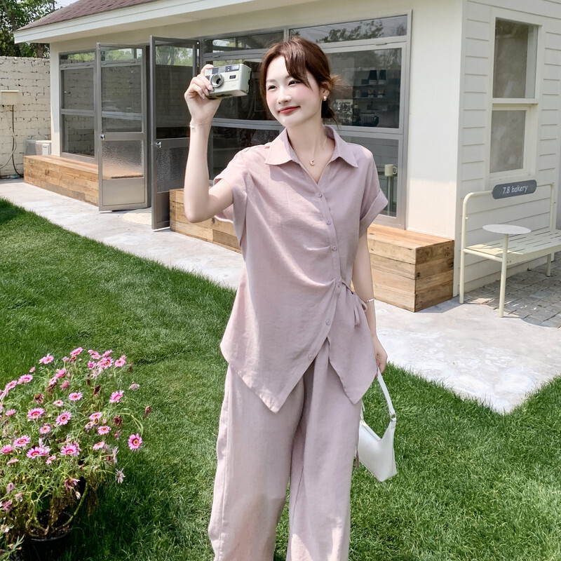 夏装优质轻薄精品新款老钱风不规则系带短袖衬衫显瘦阔腿裤两件套