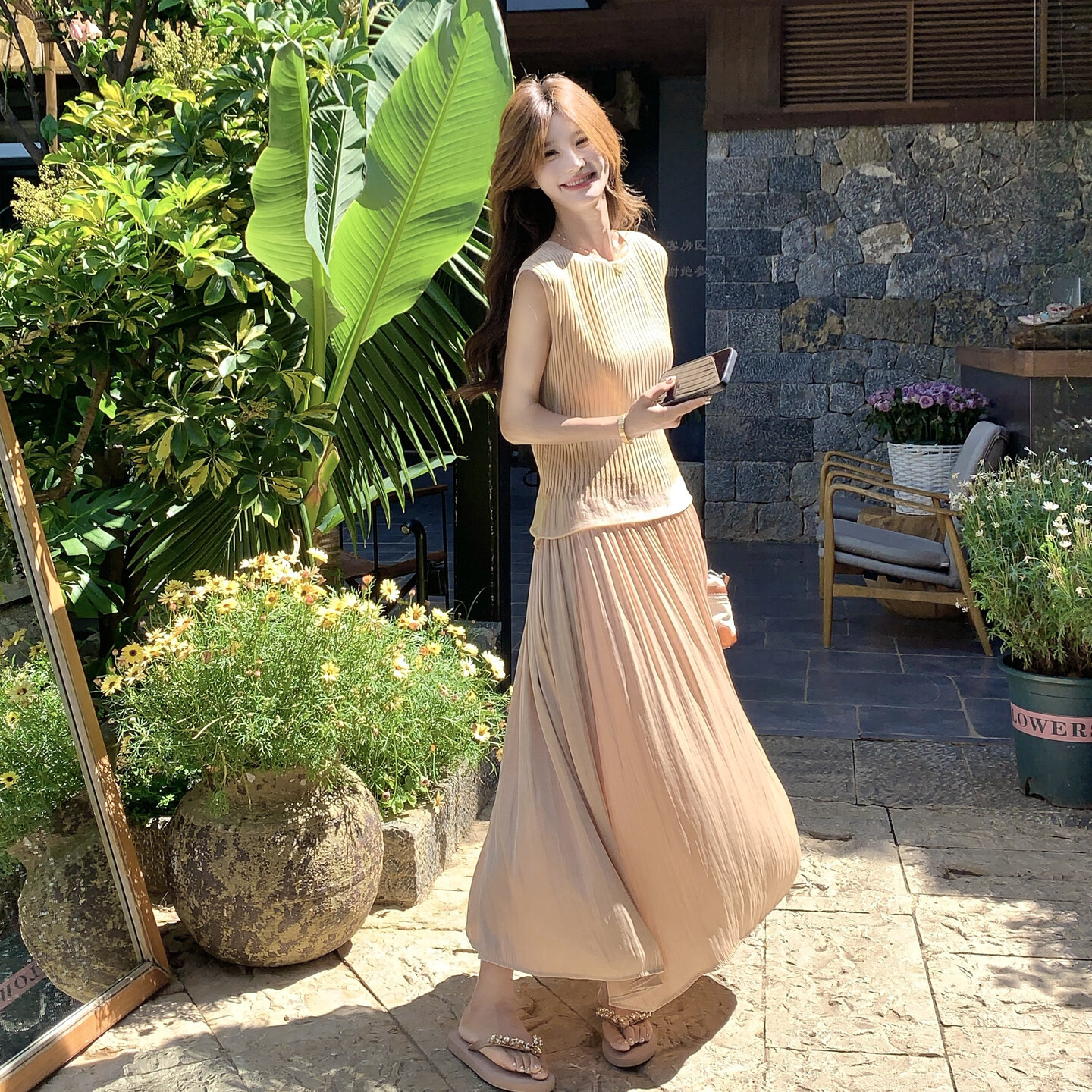 慵懒新款上市春季风波点阔腿裤套装流苏无袖上衣度假女夏季两件套