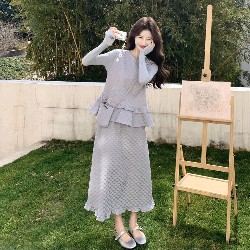 灰色新款气质波点边背心半身裙套装三件套女早春秋千金风减龄穿搭