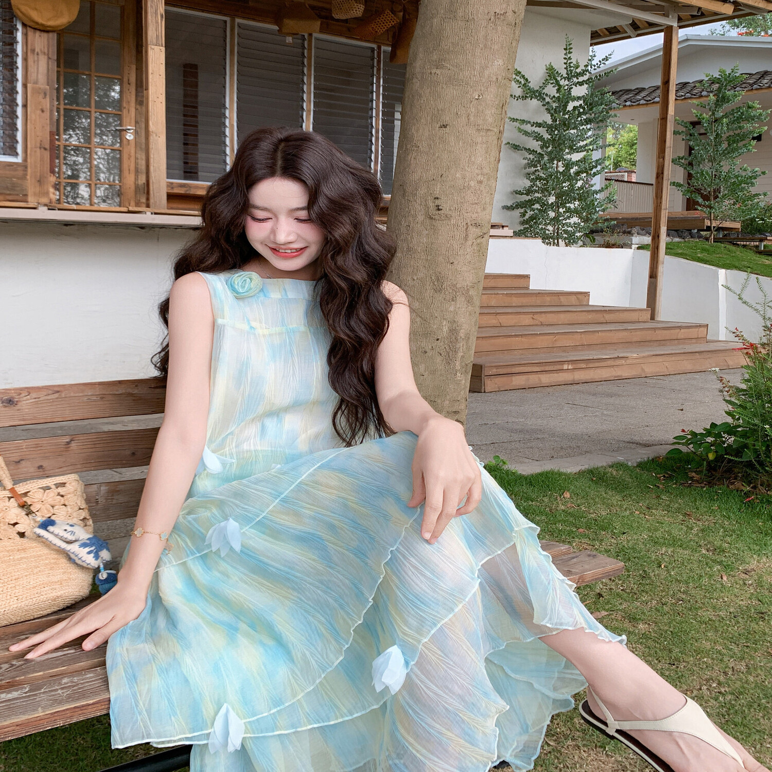 明星显瘦新款上市仙女裙同款夏季高级感风渐变仿真丝无袖连衣裙
