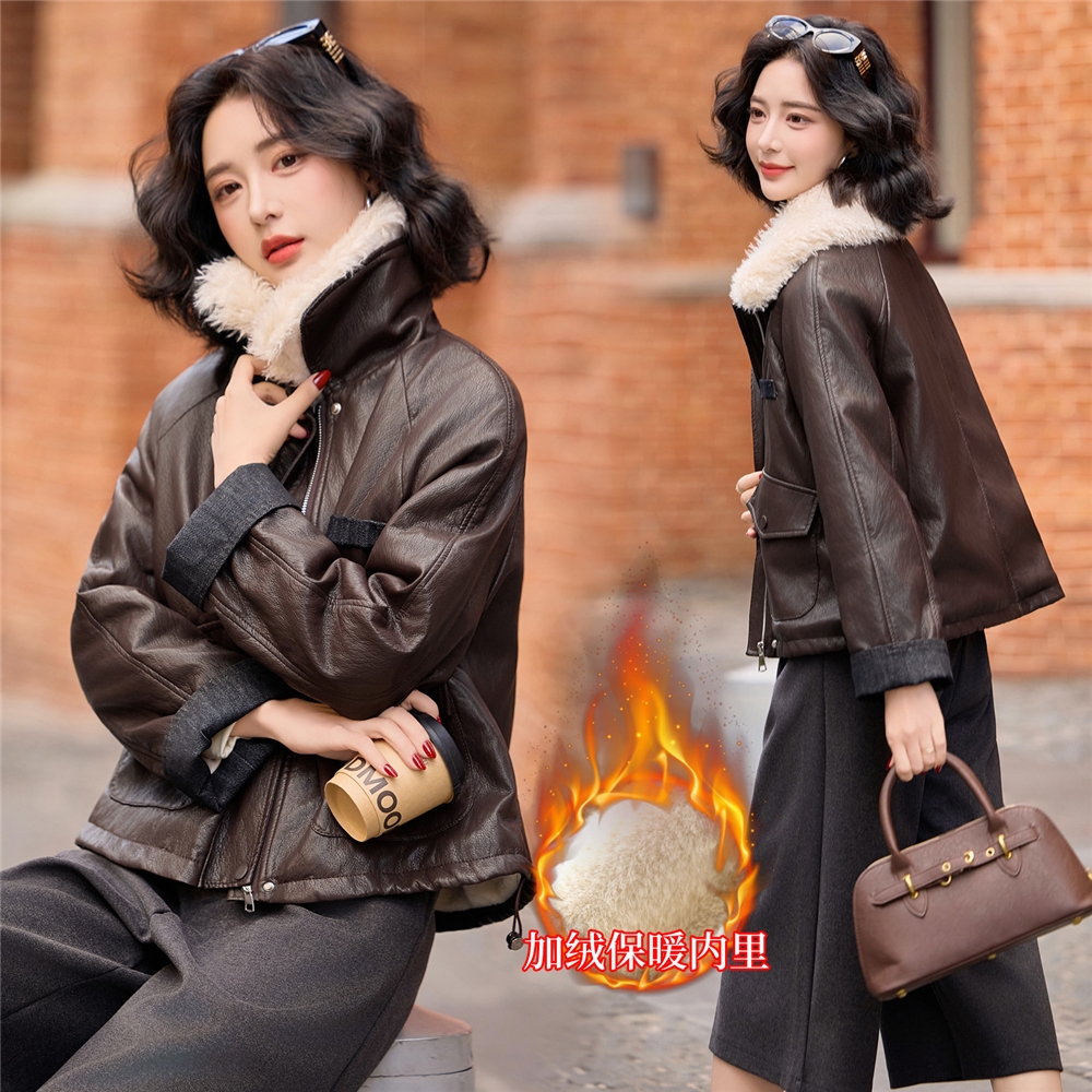 现货时尚洋气毛领短款皮衣女冬新款加绒加厚拼接气质皮衣外套